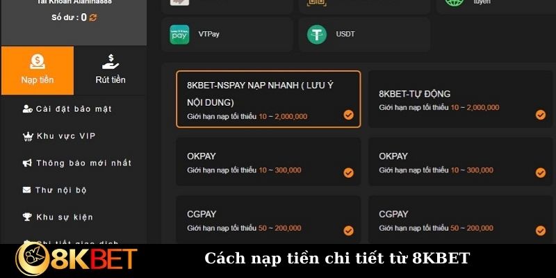 Cách nạp tiền chi tiết từ 8KBET